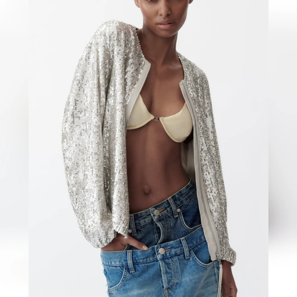 ZARA SEQUINED BOMBER JACKET BEIGE SIZE S_11